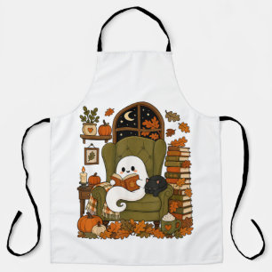 Cute Ghost Reading Book Black Cat Fall Pumpkin Apron