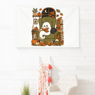 Cute Ghost Reading Book Black Cat Fall Pumpkin Banner