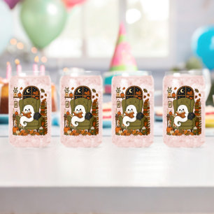 Cute Ghost Reading Book Black Cat Fall Pumpkin Can Glass