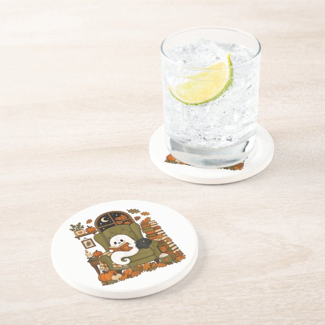 Cute Ghost Reading Book Black Cat Fall Pumpkin Coaster (Side)