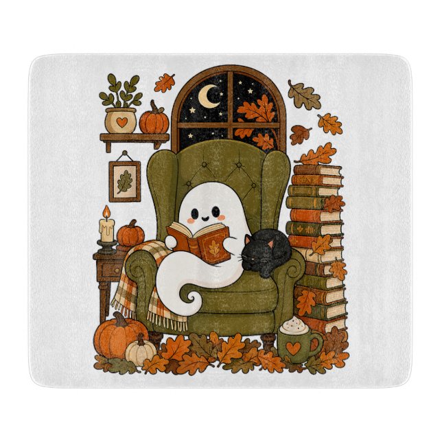 Cute Ghost Reading Book Black Cat Fall Pumpkin Cutting Board (Front)
