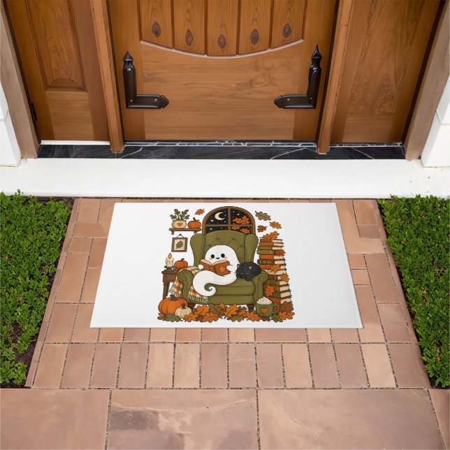 Cute Ghost Reading Book Black Cat Fall Pumpkin Doormat (Outdoor)