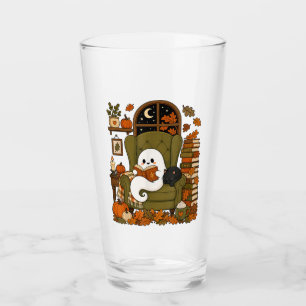 Cute Ghost Reading Book Black Cat Fall Pumpkin Glass