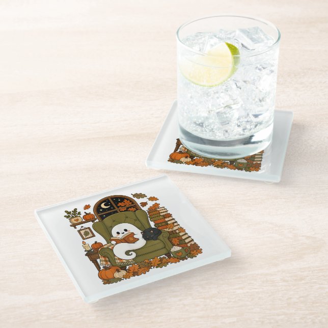 Cute Ghost Reading Book Black Cat Fall Pumpkin Glass Coaster (Angled)