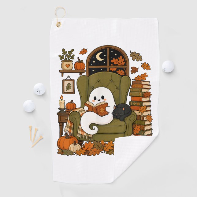 Cute Ghost Reading Book Black Cat Fall Pumpkin Golf Towel (InSitu)