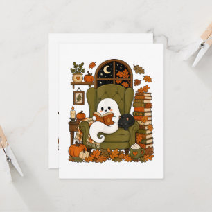 Cute Ghost Reading Book Black Cat Fall Pumpkin Invitation