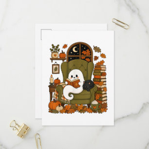 Cute Ghost Reading Book Black Cat Fall Pumpkin Invitation Postcard