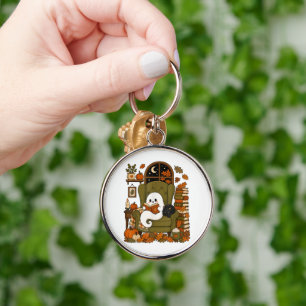 Cute Ghost Reading Book Black Cat Fall Pumpkin Key Ring