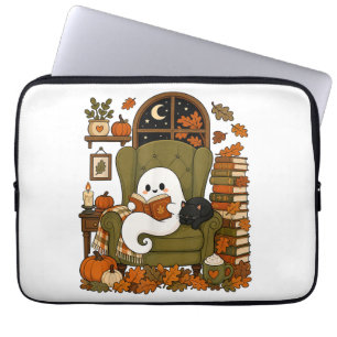 Cute Ghost Reading Book Black Cat Fall Pumpkin Laptop Sleeve