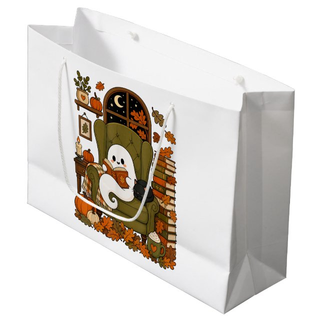 Cute Ghost Reading Book Black Cat Fall Pumpkin Large Gift Bag (Front Angled)