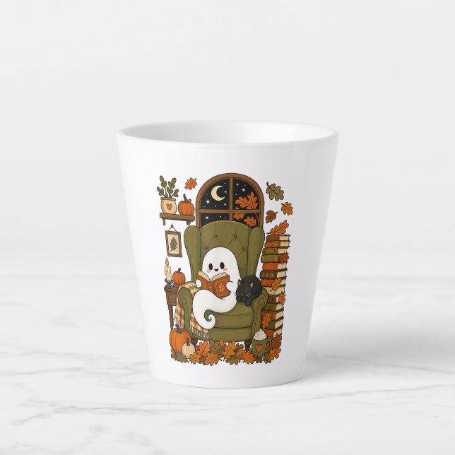 Cute Ghost Reading Book Black Cat Fall Pumpkin Latte Mug (Front)