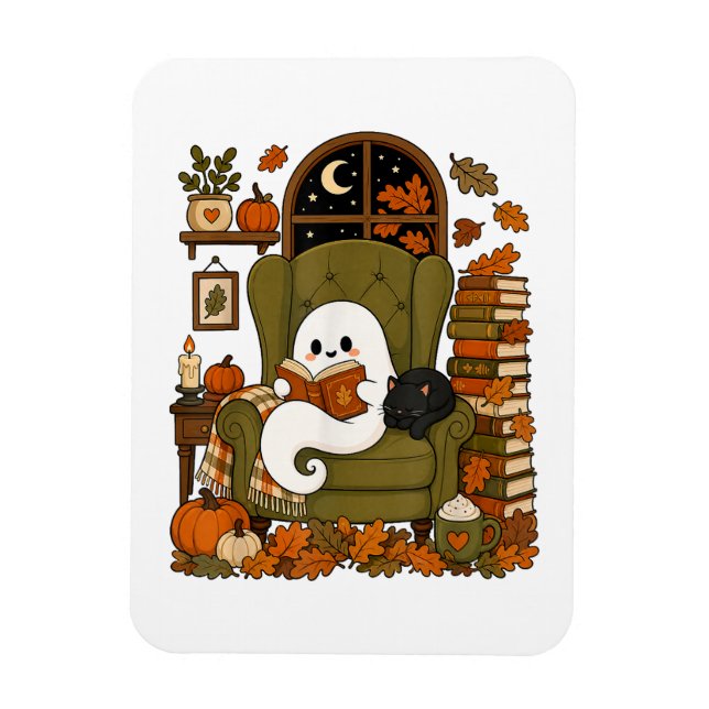 Cute Ghost Reading Book Black Cat Fall Pumpkin Magnet (Vertical)