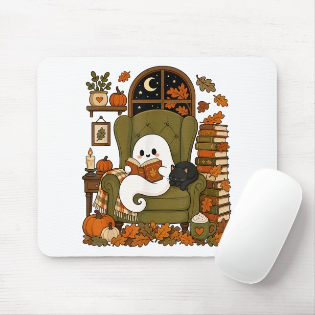 Cute Ghost Reading Book Black Cat Fall Pumpkin Mouse Pad (With Mouse)