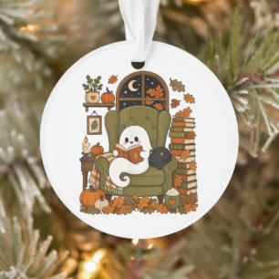 Cute Ghost Reading Book Black Cat Fall Pumpkin Ornament