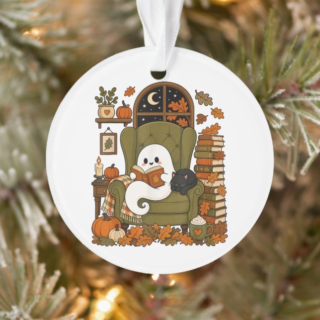 Cute Ghost Reading Book Black Cat Fall Pumpkin Ornament (Tree)