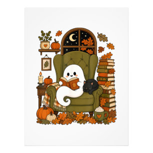 Cute Ghost Reading Book Black Cat Fall Pumpkin Photo Print