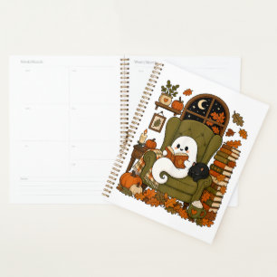 Cute Ghost Reading Book Black Cat Fall Pumpkin Planner