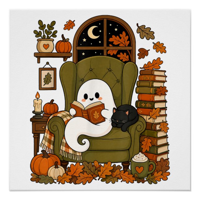 Cute Ghost Reading Book Black Cat Fall Pumpkin Poster (Front)