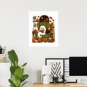 Cute Ghost Reading Book Black Cat Fall Pumpkin Poster