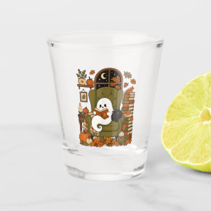 Cute Ghost Reading Book Black Cat Fall Pumpkin Shot Glass
