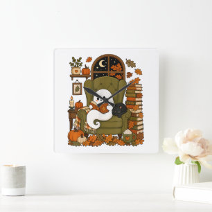 Cute Ghost Reading Book Black Cat Fall Pumpkin Square Wall Clock