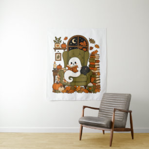 Cute Ghost Reading Book Black Cat Fall Pumpkin Tapestry
