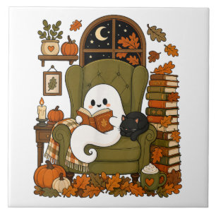 Cute Ghost Reading Book Black Cat Fall Pumpkin Tile