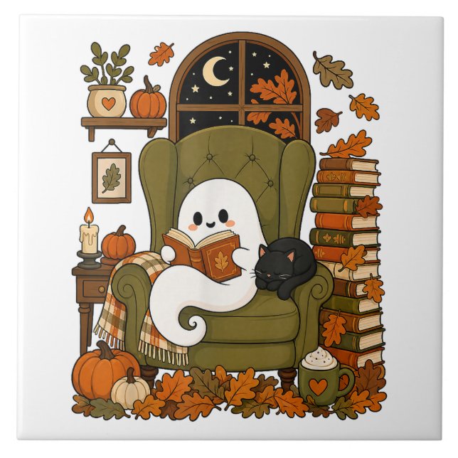 Cute Ghost Reading Book Black Cat Fall Pumpkin Tile (Front)