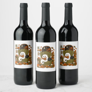 Cute Ghost Reading Book Black Cat Fall Pumpkin Wine Label