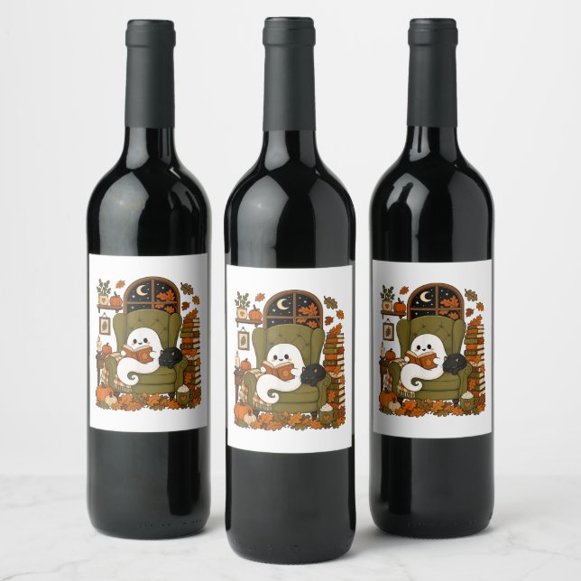 Cute Ghost Reading Book Black Cat Fall Pumpkin Wine Label (Bottles)