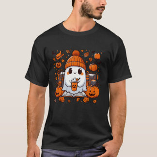Cute Ghost Reading Book Fall Autumn Coffee Hallowe T-Shirt