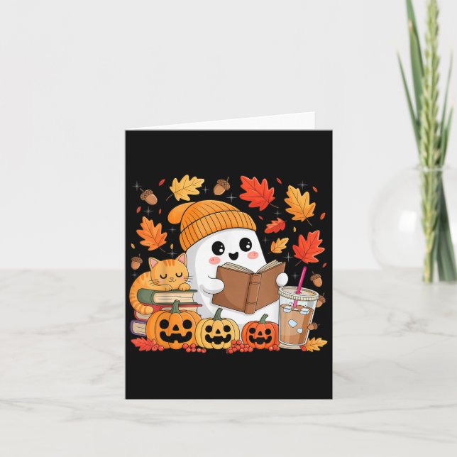 Cute Ghost Reading Book Lovers Autumn Fall Hallowe Card (Front)