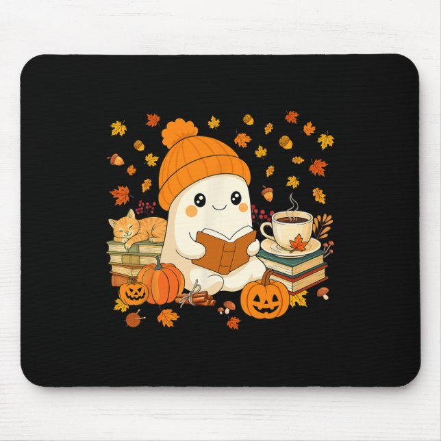 Cute Ghost Reading Book Lovers Autumn Fall Hallowe Mouse Pad (Front)