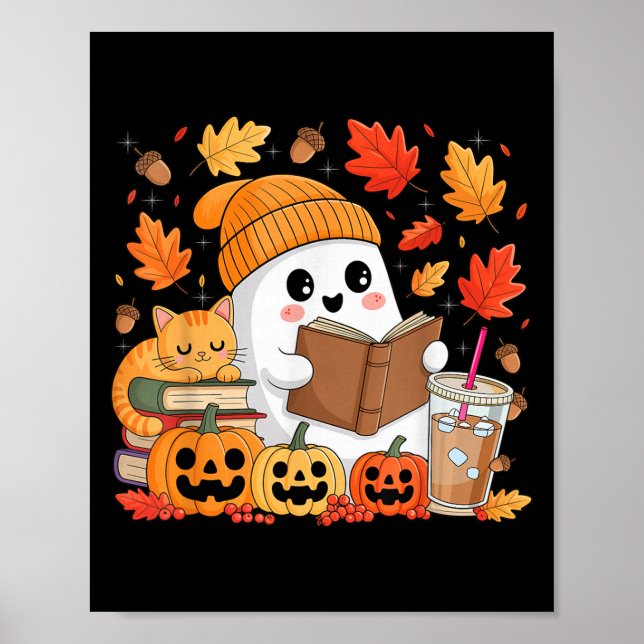 Cute Ghost Reading Book Lovers Autumn Fall Hallowe Poster (Front)