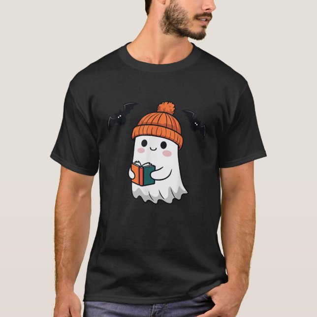 Cute Ghost Reading Book Lovers Spooky Reader Hallo T-Shirt (Front)
