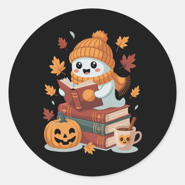 Cute Ghost Reading Books - Fall Halloween Book Lov Classic Round Sticker (Front)