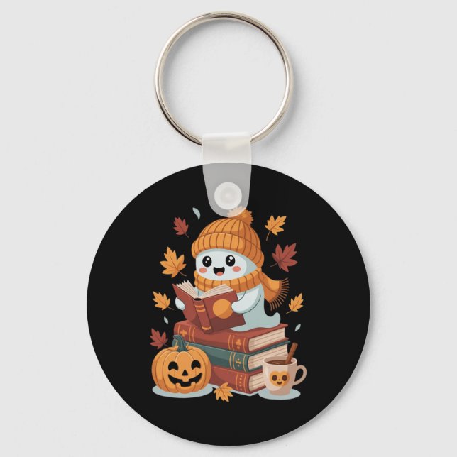 Cute Ghost Reading Books - Fall Halloween Book Lov Key Ring (Front)