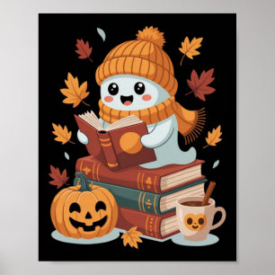 Cute Ghost Reading Books - Fall Halloween Book Lov Poster