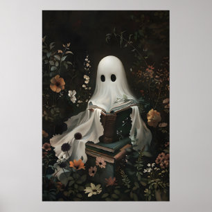 Cute Ghost Reading Books Print, Digital Halloween Poster