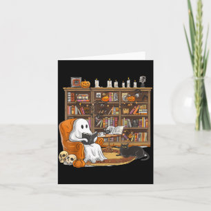 Cute Ghost Reading Books With Black Cat Halloween Card