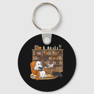 Cute Ghost Reading Books With Black Cat Halloween Key Ring