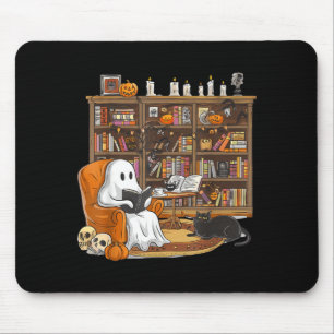 Cute Ghost Reading Books With Black Cat Halloween Mouse Pad