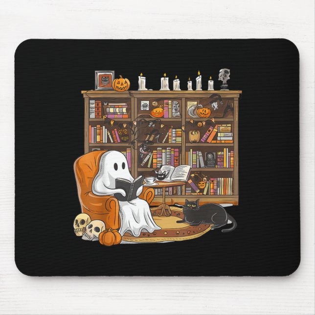 Cute Ghost Reading Books With Black Cat Halloween Mouse Pad (Front)