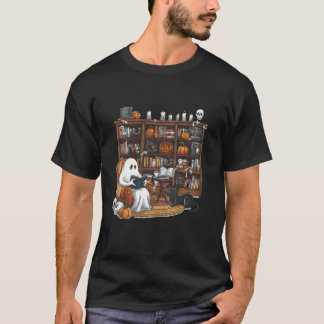Cute Ghost Reading Books with Black Cat Halloween  T-Shirt