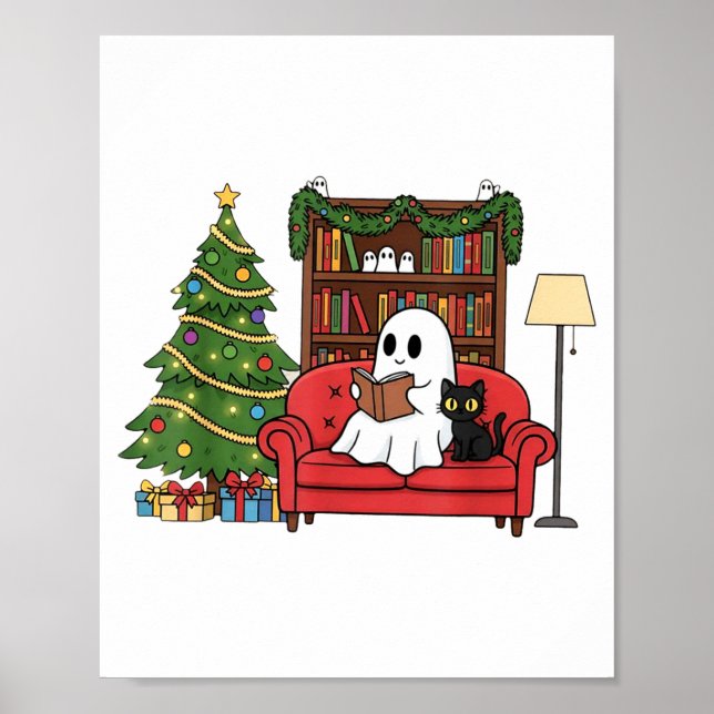 Cute Ghost Reading Christmas, Christmas Ghost Book Poster (Front)