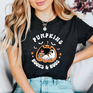 Cute Ghost Reading “Pumpkins Books & Boos” Retro T-Shirt
