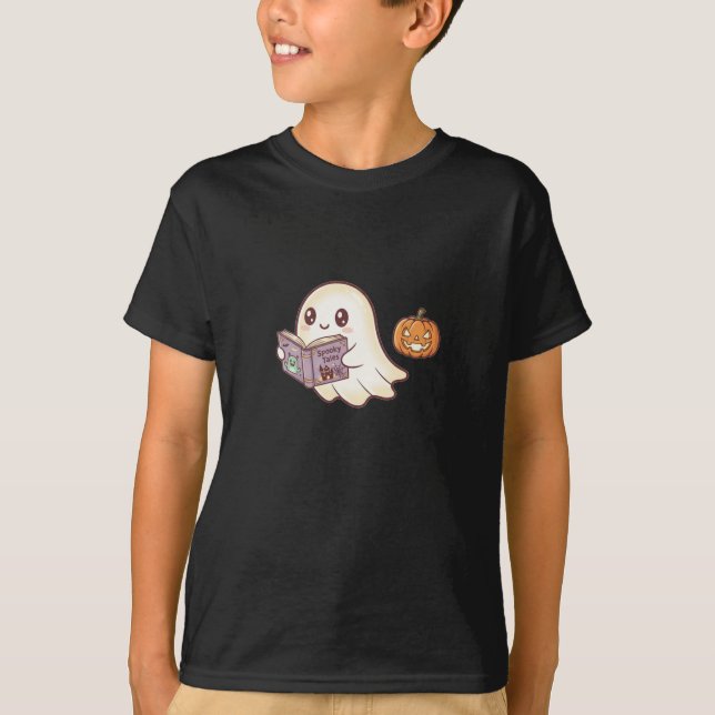 Cute Ghost Reading Spooky Book Halloween Cartoon T-Shirt (Front)