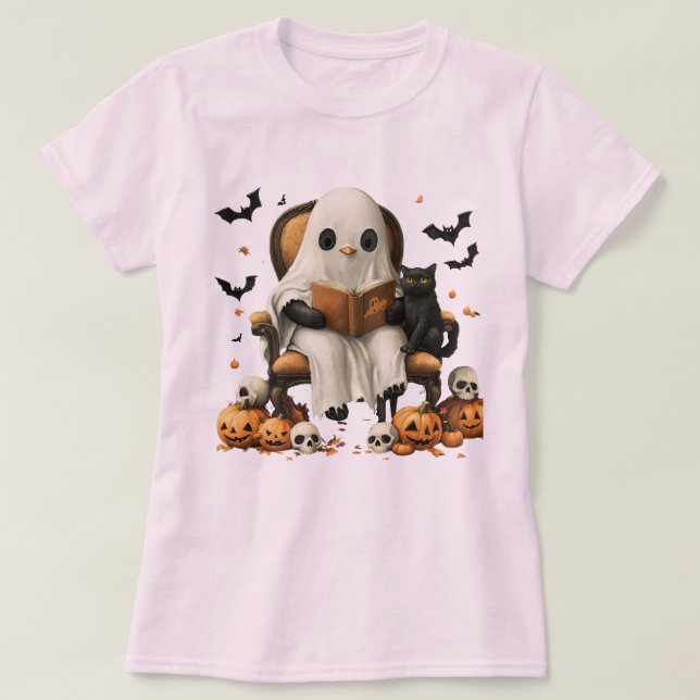 Cute Ghost Reading with Cat T-Shirt (Design Front)