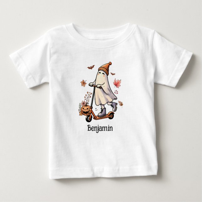 Cute Ghost Riding A Scooter - Personalised Baby T-Shirt (Front)