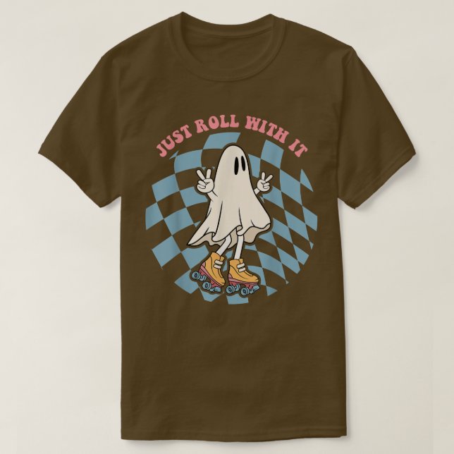 Cute Ghost Riding on Roller Skates Funny Halloween T-Shirt (Design Front)